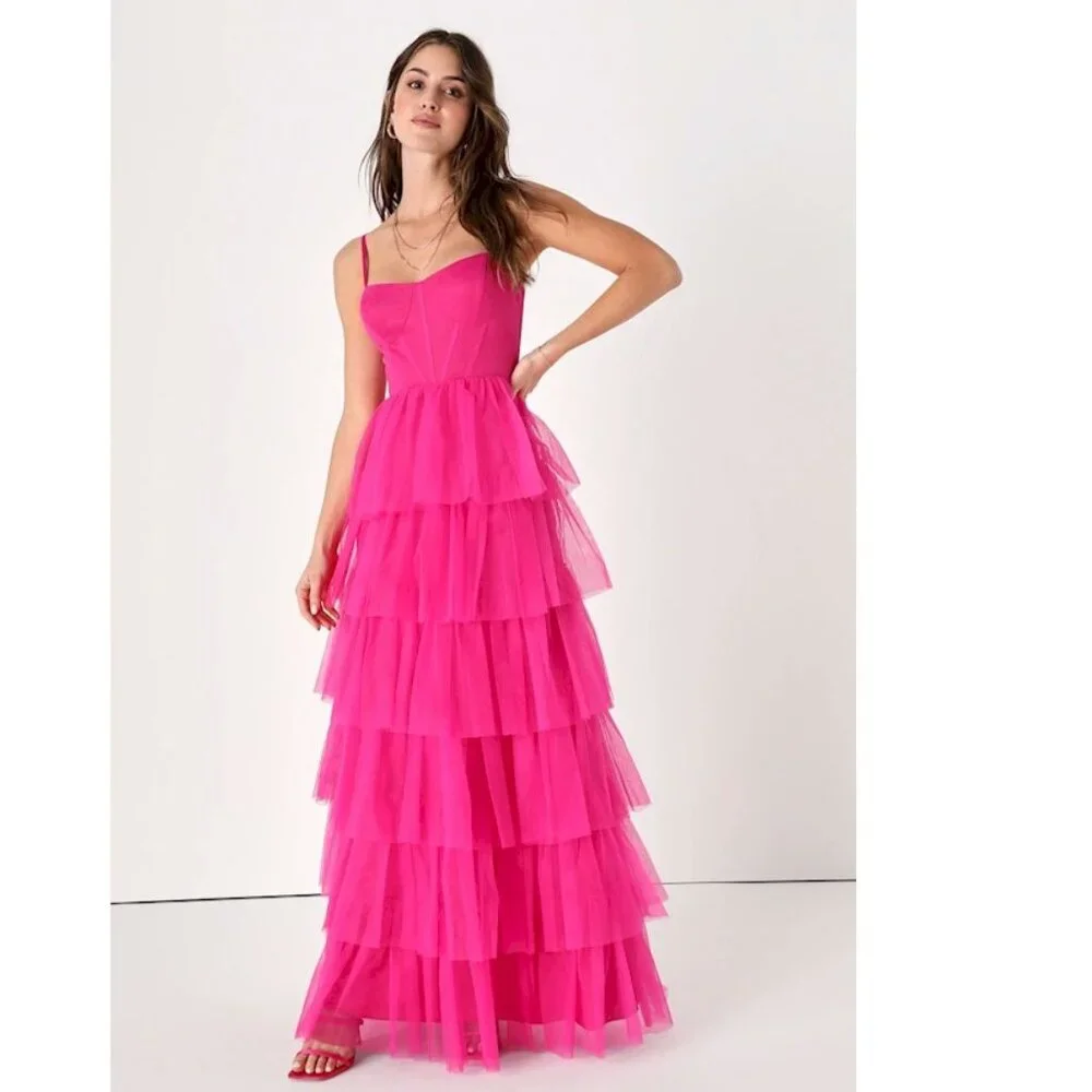 Lulus Rule the Runway Hot Pink Tulle Bustier Tiered Maxi Dress Small New NWT